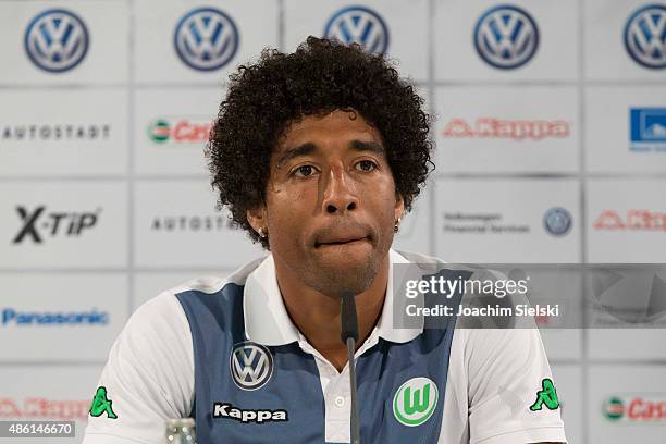 Dante talks to the media during a Press conference at Volkswagen Arena on September 1, 2015 in Wolfsburg, Germany.