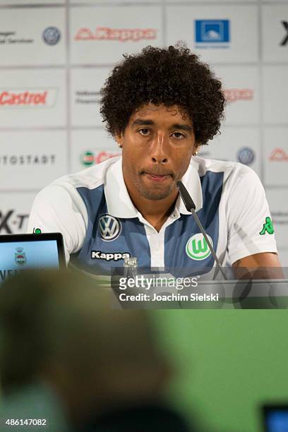 Dante of VfL Wolfsburg talks to the media during a press conference at Volkswagen Arena on September 1, 2015 in Wolfsburg, Germany.