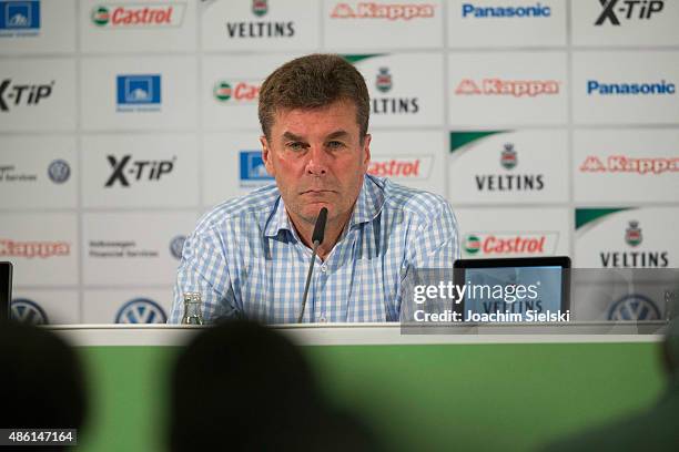 Head Coach Dieter Hecking of VfL Wolfsburg talks to the media during a press conference at Volkswagen Arena on September 1, 2015 in Wolfsburg,...