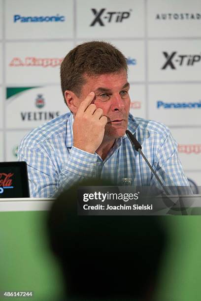 Head Coach Dieter Hecking of VfL Wolfsburg talks to the media during a press conference at Volkswagen Arena on September 1, 2015 in Wolfsburg,...