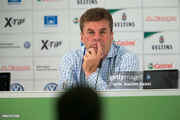 Head Coach Dieter Hecking of VfL Wolfsburg talks to the media during a press conference at Volkswagen Arena on September 1, 2015 in Wolfsburg,...