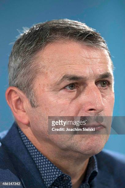 Klaus Allofs of VfL Wolfsburg talks to the media during a press conference at Volkswagen Arena on September 1, 2015 in Wolfsburg, Germany.