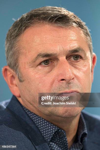 Klaus Allofs of VfL Wolfsburg talks to the media during a press conference at Volkswagen Arena on September 1, 2015 in Wolfsburg, Germany.