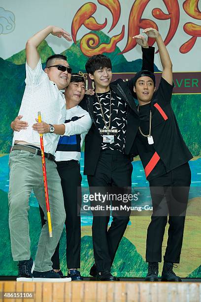 Actors Kang Ho-Dong, Lee Soo-Geun, Lee Seung-Gi and Eun Ji-Won attend the tvN "ShinSeoYuGi" press conference on September 1, 2015 in Seoul, South...