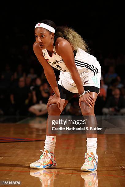 Candice Wiggins of the New York Liberty looks on during the game against the Minnesota Lynx on August 28, 2015 at Madison Square Garden, New York...