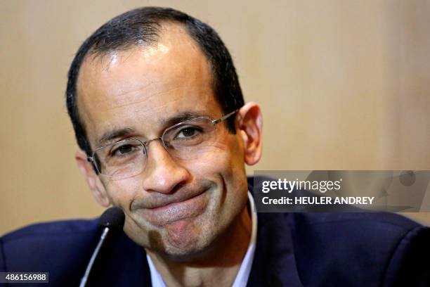 Brazil's construction giant Odebrecht president Marcelo Odebrecht gestures during a hearing of the parliamentary committee of the Petrobras...