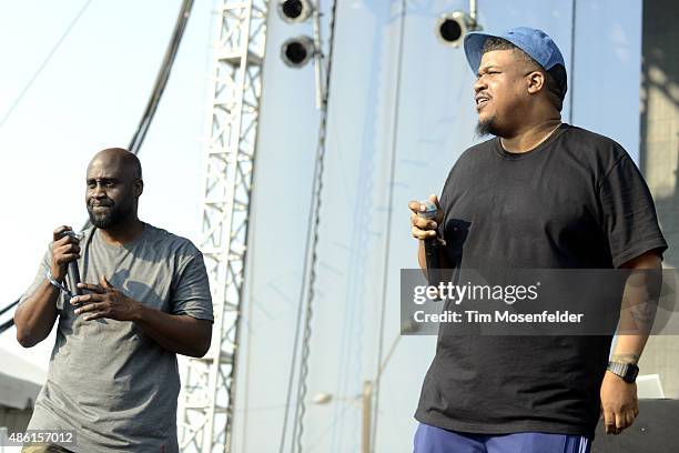 Posdnuos and Dave of De La Soul performs during Riot Fest at the National Western Complex on August 28, 2015 in Denver, Colorado.