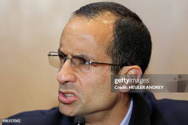 Brazil's construction giant Odebrecht president Marcelo Odebrecht speaks during a hearing of the parliamentary committee of the Petrobras...