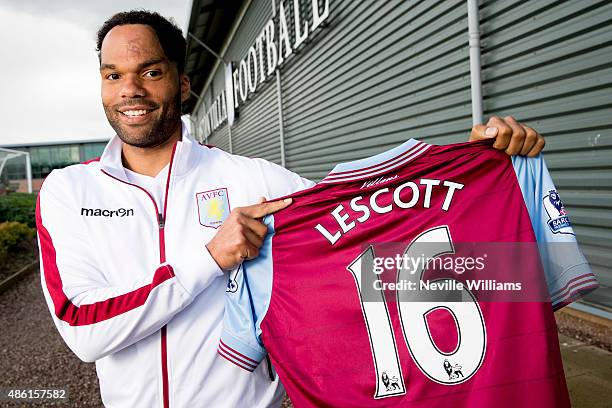 New signing Joleon Lescott of Aston Villa poses for a picture at the club's training ground at Bodymoor Heath on September 1, 2015 in Birmingham,...