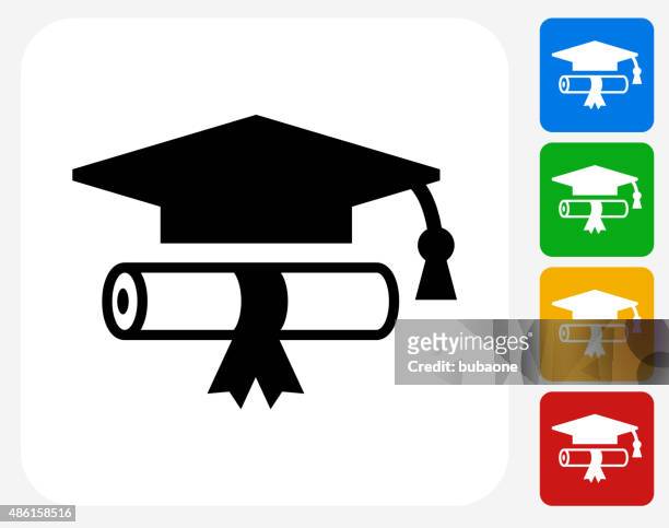 diplom und hut-symbol flache grafik design - diploma stock-grafiken, -clipart, -cartoons und -symbole