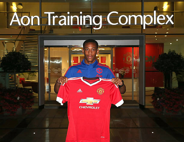 Manchester United unveil new signing Anthony Martial at Aon Training Complex on September 1, 2015 in Manchester, England.