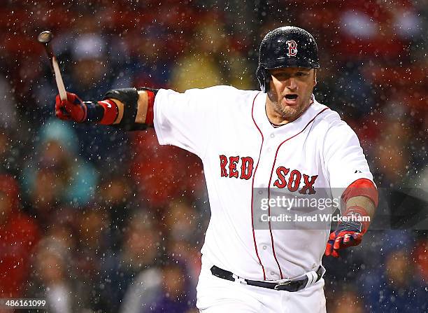 Pierzynski of the Boston Red Sox reacts after a broken bat out in the ninth inning against the New York Yankees during the game at Fenway Park on...