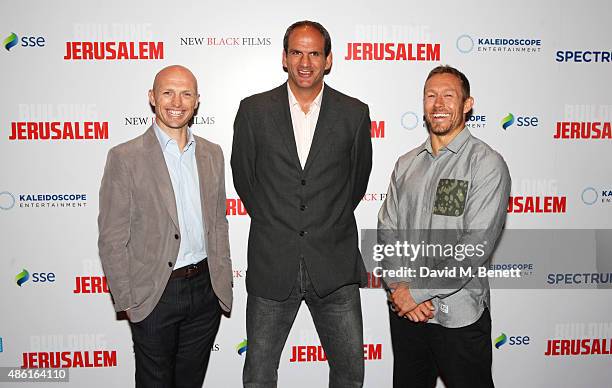 Matt Dawson, Martin Johnson and Jonny Wilkinson attend the World Premiere of "Building Jerusalem" at the Empire Leicester Square on September 1, 2015...