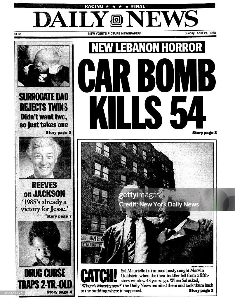 Daily News front page NEW LEBANON HORROR - CAR BOMB KILLS 54