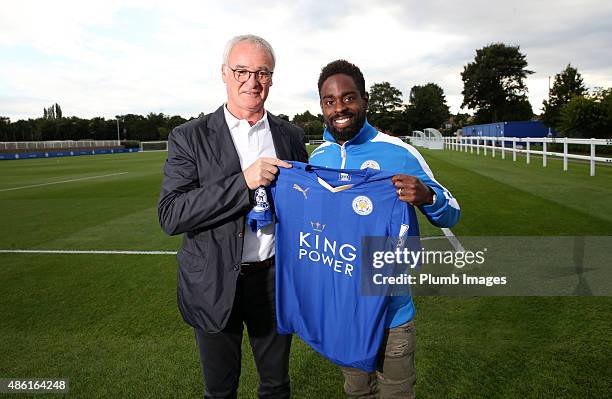 Leicester City manager Claudio Ranieri unveils their new signing Nathan Dyer at the Belvoir Drive Training Complex on September 01, 2015 in...