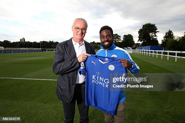 Leicester City manager Claudio Ranieri unveils their new signing Nathan Dyer at the Belvoir Drive Training Complex on September 01, 2015 in...