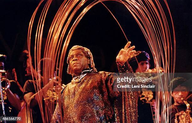 Sun Ra and his Sun Ra Archestra perform with a steel sculpture on September 23 at Hill Auditorium in Ann Arbor, Michigan.