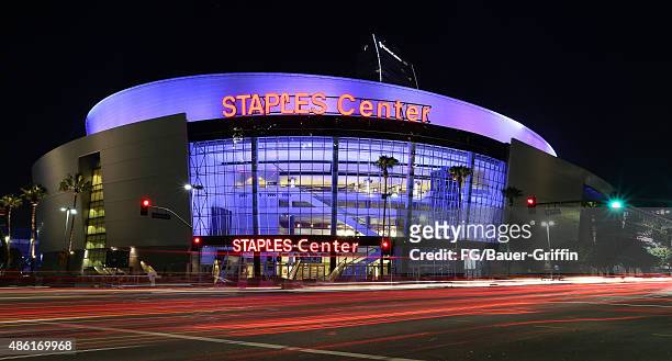An exterior view of Staples Center in downtown Los Angeles on August 29, 2015 in Los Angeles, California.