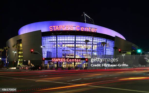 An exterior view of Staples Center in downtown Los Angeles on August 29, 2015 in Los Angeles, California.