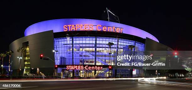 An exterior view of Staples Center in downtown Los Angeles on August 29, 2015 in Los Angeles, California.