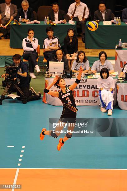 Saori Kimura of Japan spikes during the match between Japan and Serbia during the FIVB Women's Volleyball World Cup Japan 2015 at Sendai City...