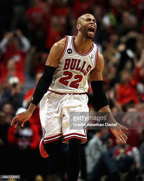 Taj Gibson of the Chicago Bulls celebrates after hitting a shot against the Washington Wizards in Game Two of the Eastern Conference Quarterfinals...