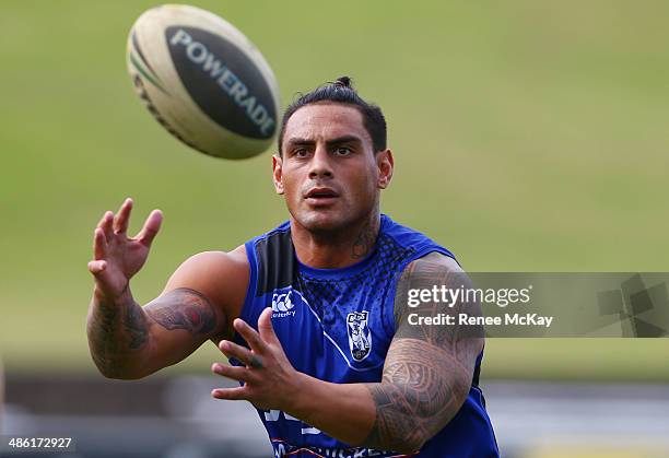 Reni Maitua catches the ball during a Canterbury Bulldogs NRL training session on April 23, 2014 in Sydney, Australia.