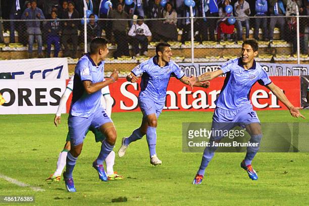 Edemir Rodriguez and Nelson Cabrera of Bolívar celebrate the first goal of their team during a second round match between Bolivar and Leon as part of...