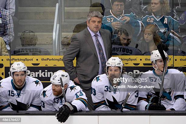 Todd McLellan of the San Jose Sharks looks on from the bench against the Los Angeles Kings in Game Three of the First Round of the 2014 Stanley Cup...