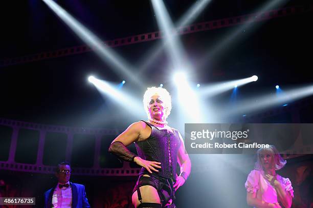 Craig McLachlan performs as the character Frank N Furter during a media call for the Rocky Horror Show at the Comedy Theatre on April 23, 2014 in...