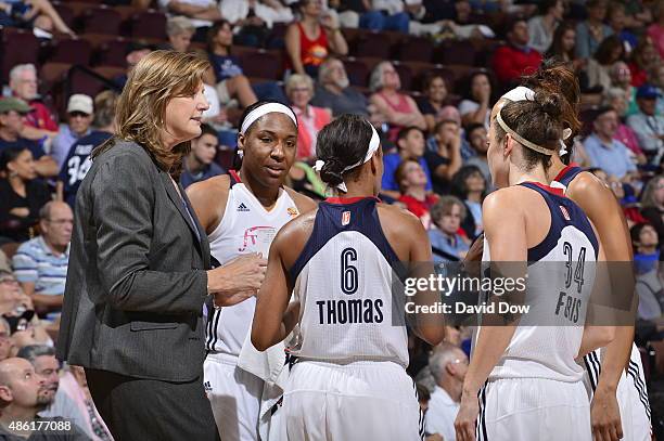 Head coach Anne Donovan of the Connecticut Sun talks to her players during a time out against the Phoenix Mercury on August 27, 2015 at the Mohegan...