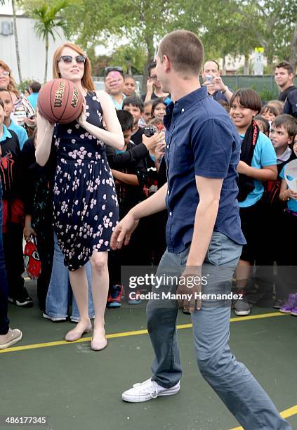 Andrew Garfield and Emma Stone participates in Be Amazing 2014 Miami at Hialeah Gardens Elementary on April 22, 2014 in Hialeah, Florida.