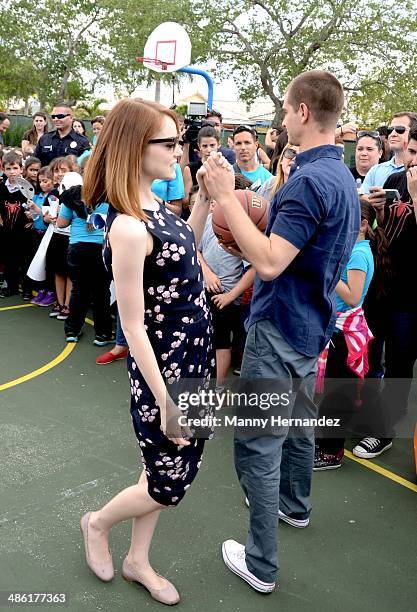 Andrew Garfield and Emma Stone participates in Be Amazing 2014 Miami at Hialeah Gardens Elementary on April 22, 2014 in Hialeah, Florida.