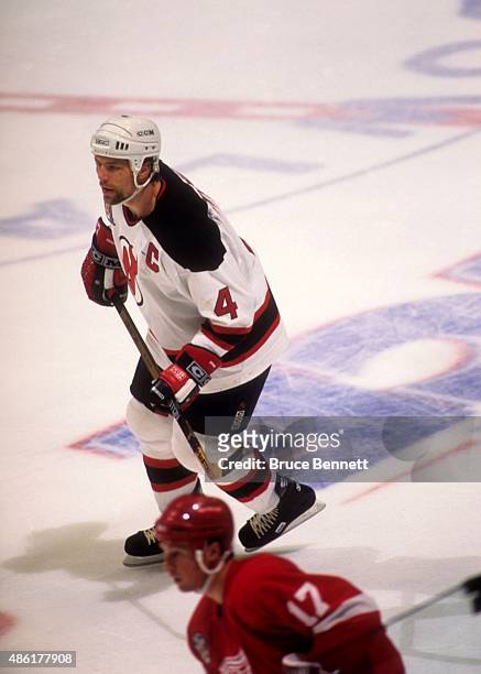 Scott Stevens of the New Jersey Devils skates on the ice during Game 4 of the 1995 Stanley Cup Finals against the Detroit Red Wings on June 24, 1995...
