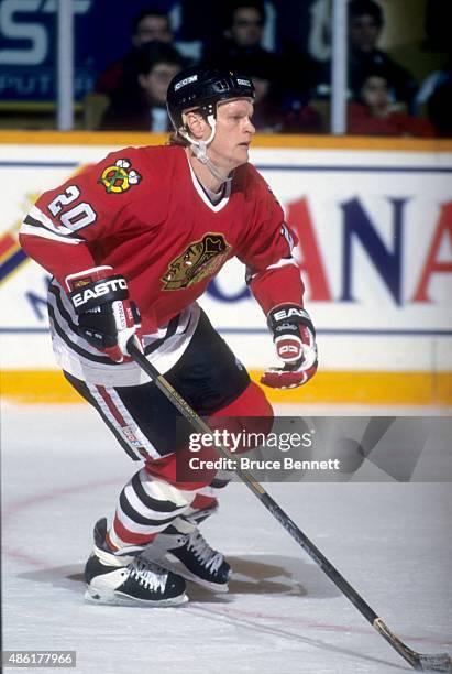 Gary Suter of the Chicago Blackhawks skates on the ice during an NHL game against the Toronto Maple Leafs on February 13, 1995 at the Maple Leaf...