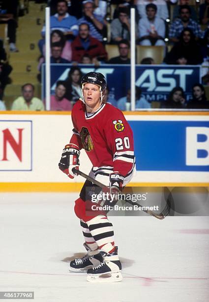 Gary Suter of the Chicago Blackhawks skates on the ice during an NHL game against the Toronto Maple Leafs circa 1994 at the Maple Leaf Gardens in...