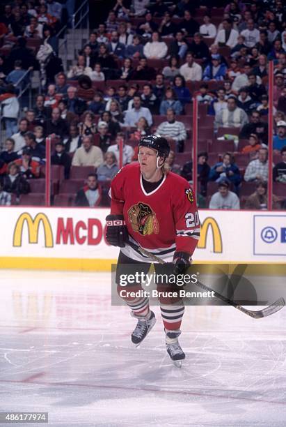 Gary Suter of the Chicago Blackhawks skates on the ice during an NHL game against the Philadelphia Flyers on November 9, 1996 at the Wells Fargo...