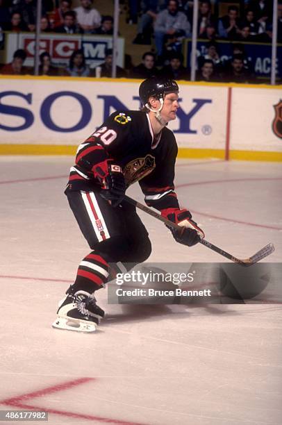 Gary Suter of the Chicago Blackhawks skates on the ice during an NHL game against the Toronto Maple Leafs on March 12, 1997 at the Maple Leaf Gardens...