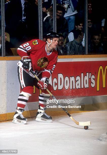 Gary Suter of the Chicago Blackhawks controls the puck behind the net during an NHL game against the Toronto Maple Leafs on February 13, 1995 at the...
