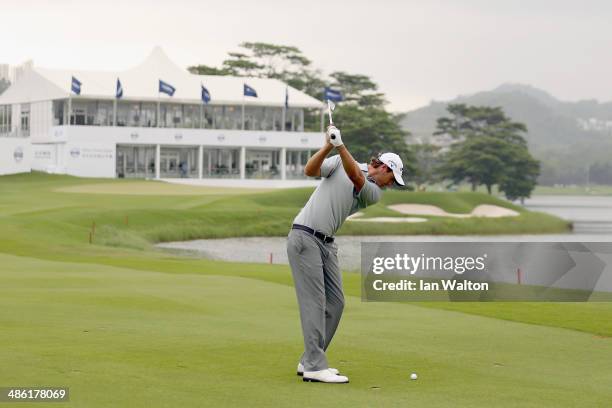 Nicolas Colsaerts of Belgium in action in the Pro-Am during the 2014 Volvo China Open at Genzon Golf Club on April 23, 2014 in Shenzhen, China.