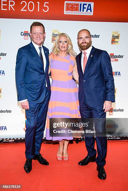 Hans Hamer, Barbara Schoeneberger and Axel Telzerow attend the 'Der Goldene Computer 2015 Award' on September 1, 2015 in Berlin, Germany.