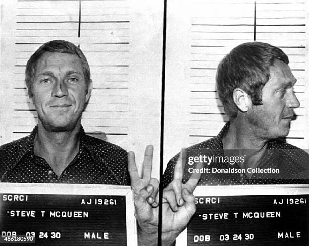 Actor Steve McQueen poses for a mugshot after his arrest for drunk driving and speeding on June 22, 1972 in Anchorage, Alaska.