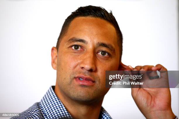 Benji Marshall talks to the media during an Auckland Blues press conference at Eden Park on April 23, 2014 in Auckland, New Zealand. New Zealand...