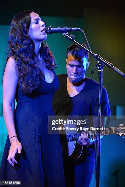 Amanda Sudano and Abner Ramirez of Johnnyswim perform at the Levitt Pavilion in Los Angeles, California stage on July 30, 2015.