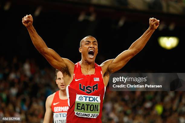 Ashton Eaton of the United States crosses the finish line to win his Men's Decathlon 400 metres heat to lead the overall Decathlon during day seven...