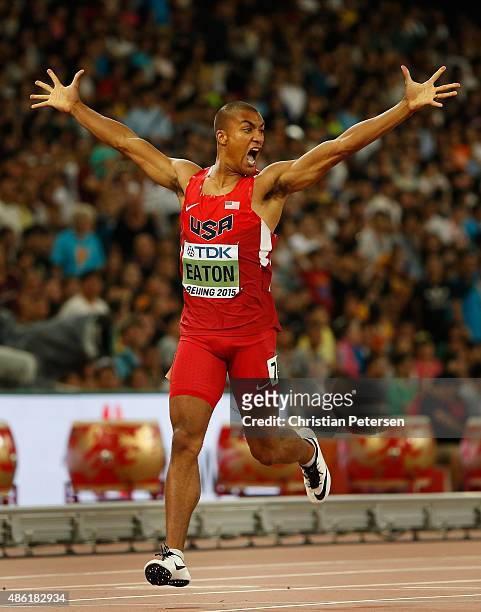 Ashton Eaton of the United States crosses the finish line to win his Men's Decathlon 400 metres heat to lead the overall Decathlon during day seven...
