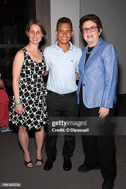 City Parks Foundation executive director Heather Lubov, Billie Jean King Junior Award recipient Christopher Rodriguez, and Billie Jean King attend...