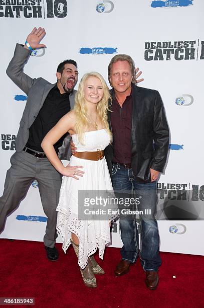 Josh Harris, Mandy Hansen and Sig Hansen attend the 10th Season of the Premiere of "Deadliest Catch" at ArcLight Cinemas on April 22, 2014 in...