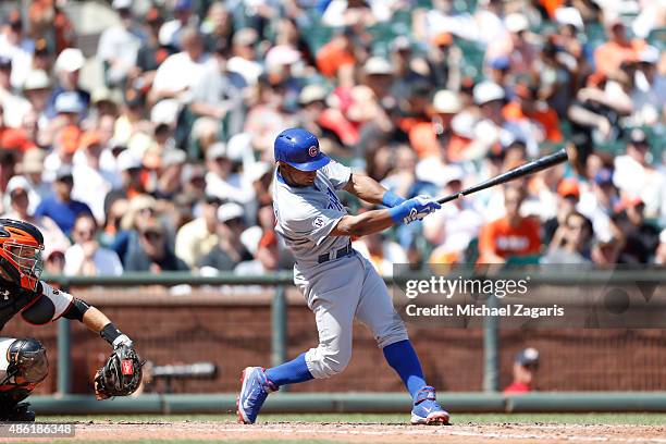 August 27: Jonathan Herrera of the Chicago Cubs bats during the game against the San Francisco Giants at AT&T Park on August 27, 2015 in San...