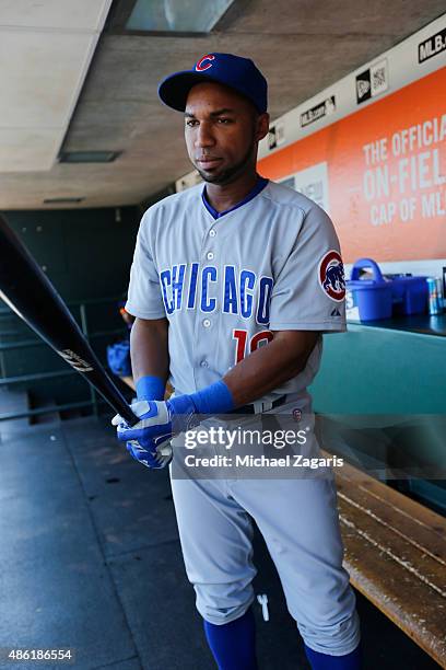 August 27: Jonathan Herrera of the Chicago Cubs stands in the dugout prior to the game against the San Francisco Giants at AT&T Park on August 27,...